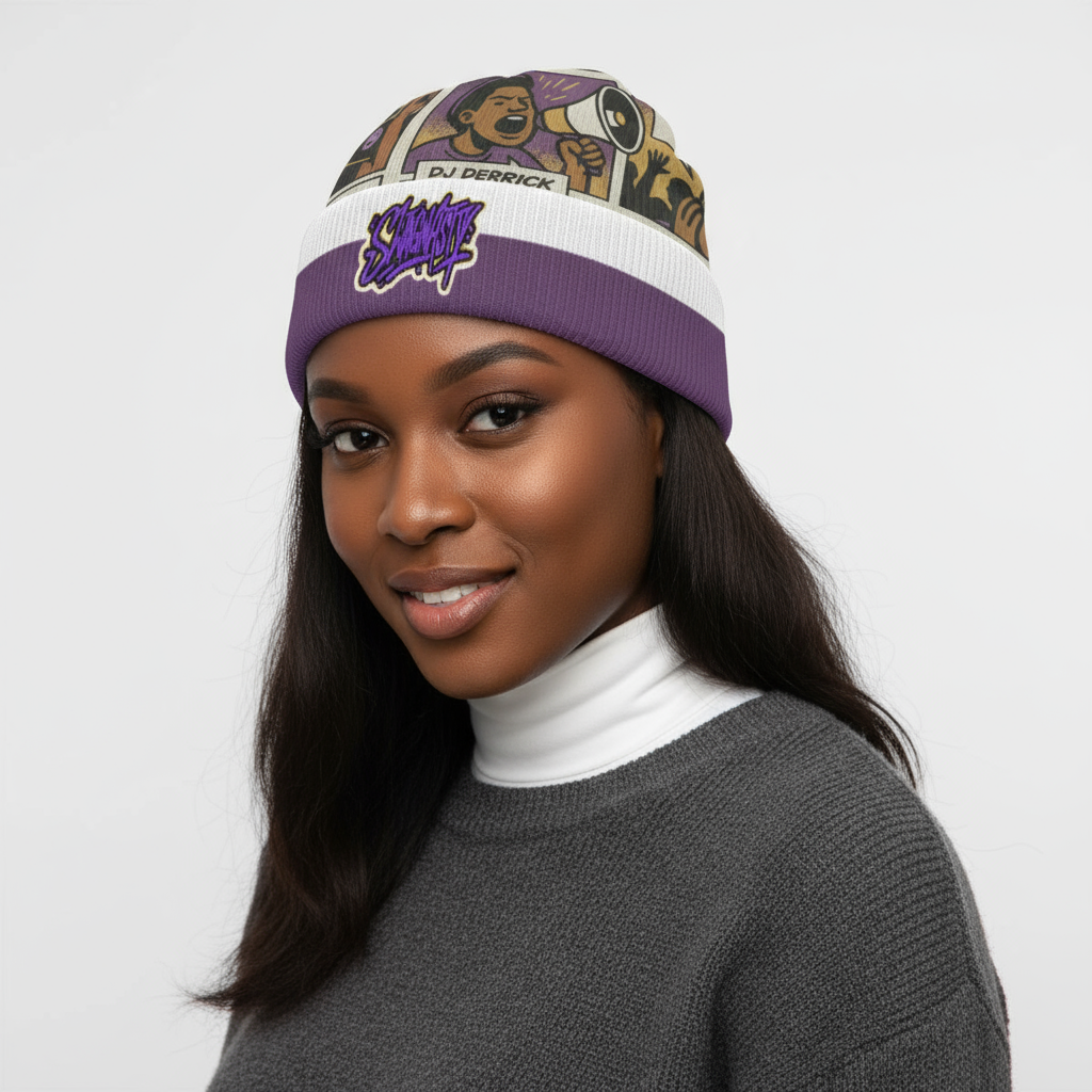 Dj Derrick Purple And White Knitted Hat