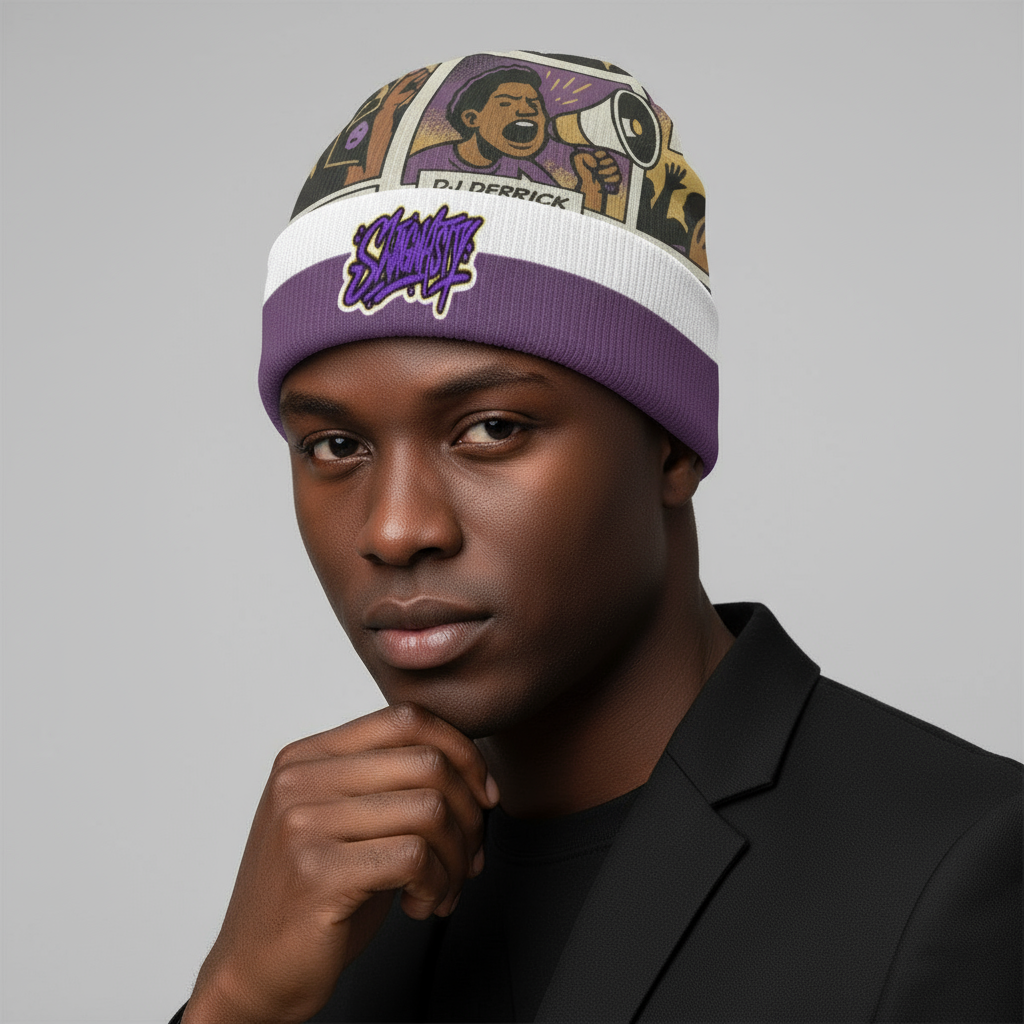 Dj Derrick Purple And White Knitted Hat