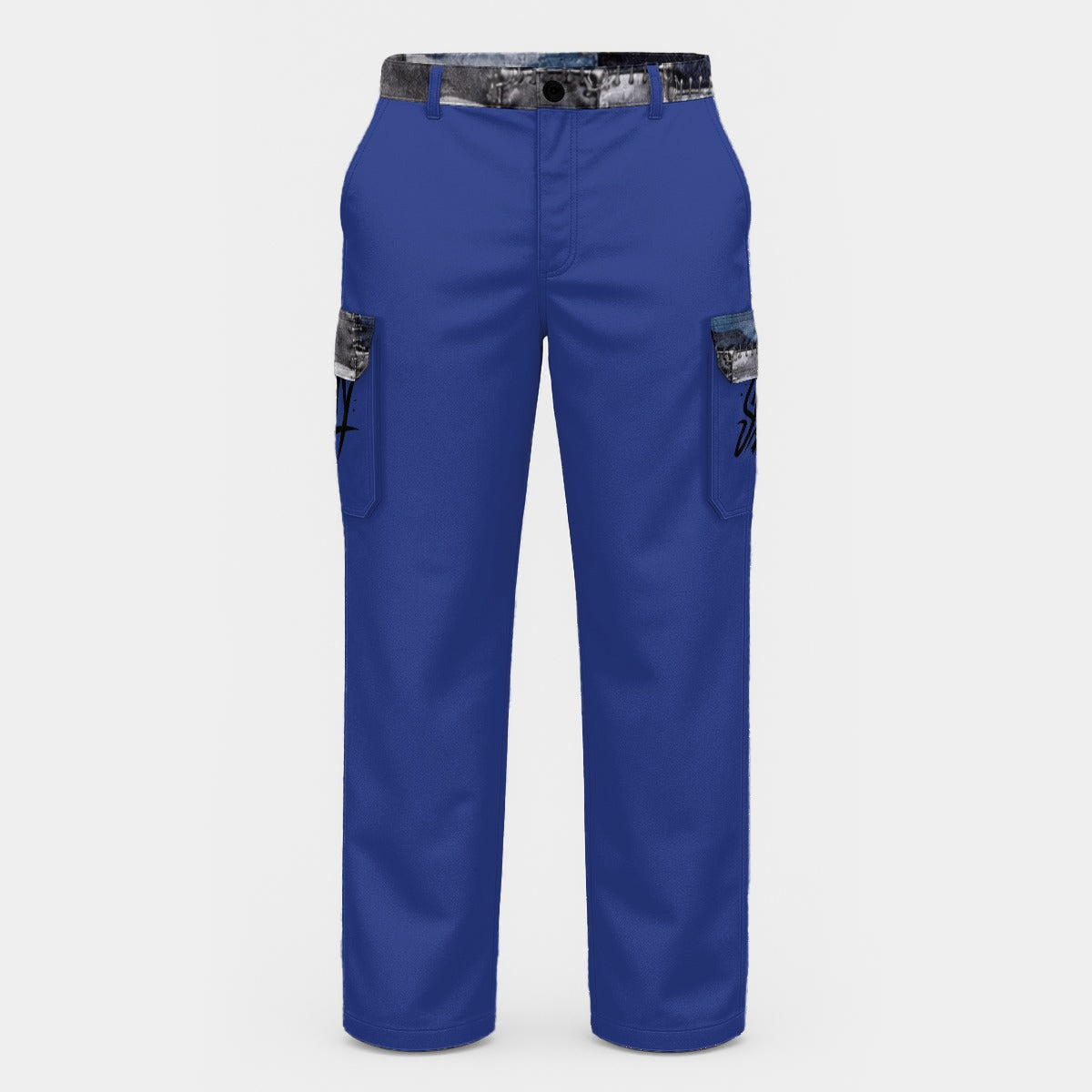 Blue work pants with cargo pockets on a light gray background