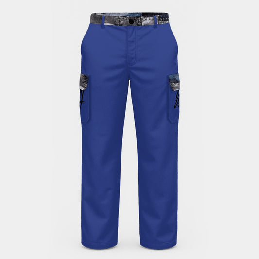 Blue work pants with cargo pockets on a light gray background