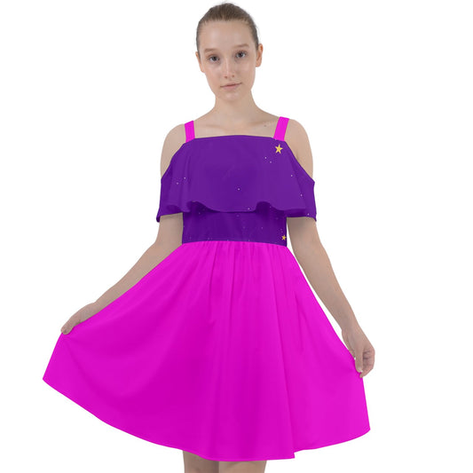 Purple & Hot Pink Cut Out Shoulders Chiffon Dress